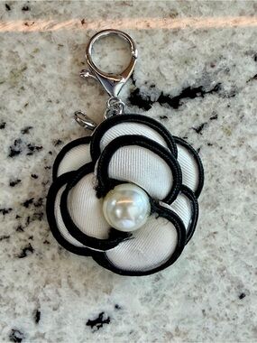 Black & White Camelia Flower Bag Charm with Silvertone Hardware